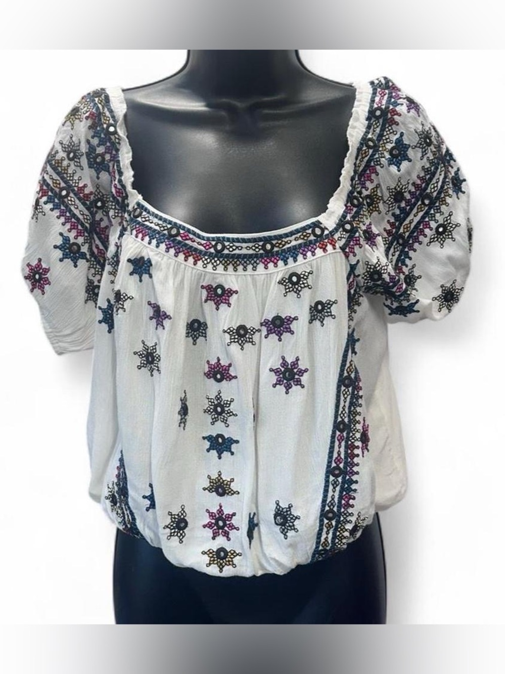 NWT Free People Ivory Blouse with Embroidery & Mirrored Embellishments MSRP$128